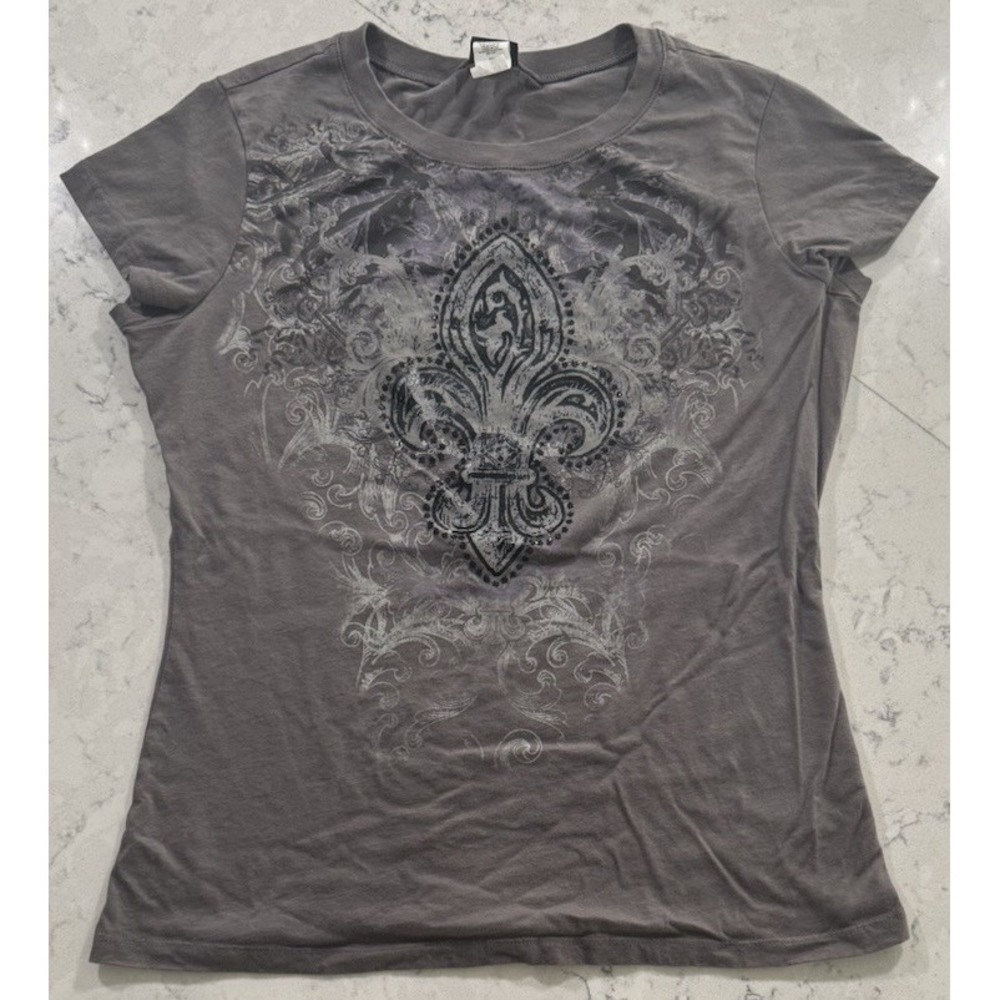 VTG Vanity Y2K Graphic T-Shirt Womens 2XL Gray Fleur De Lis Foil Gothic Tee